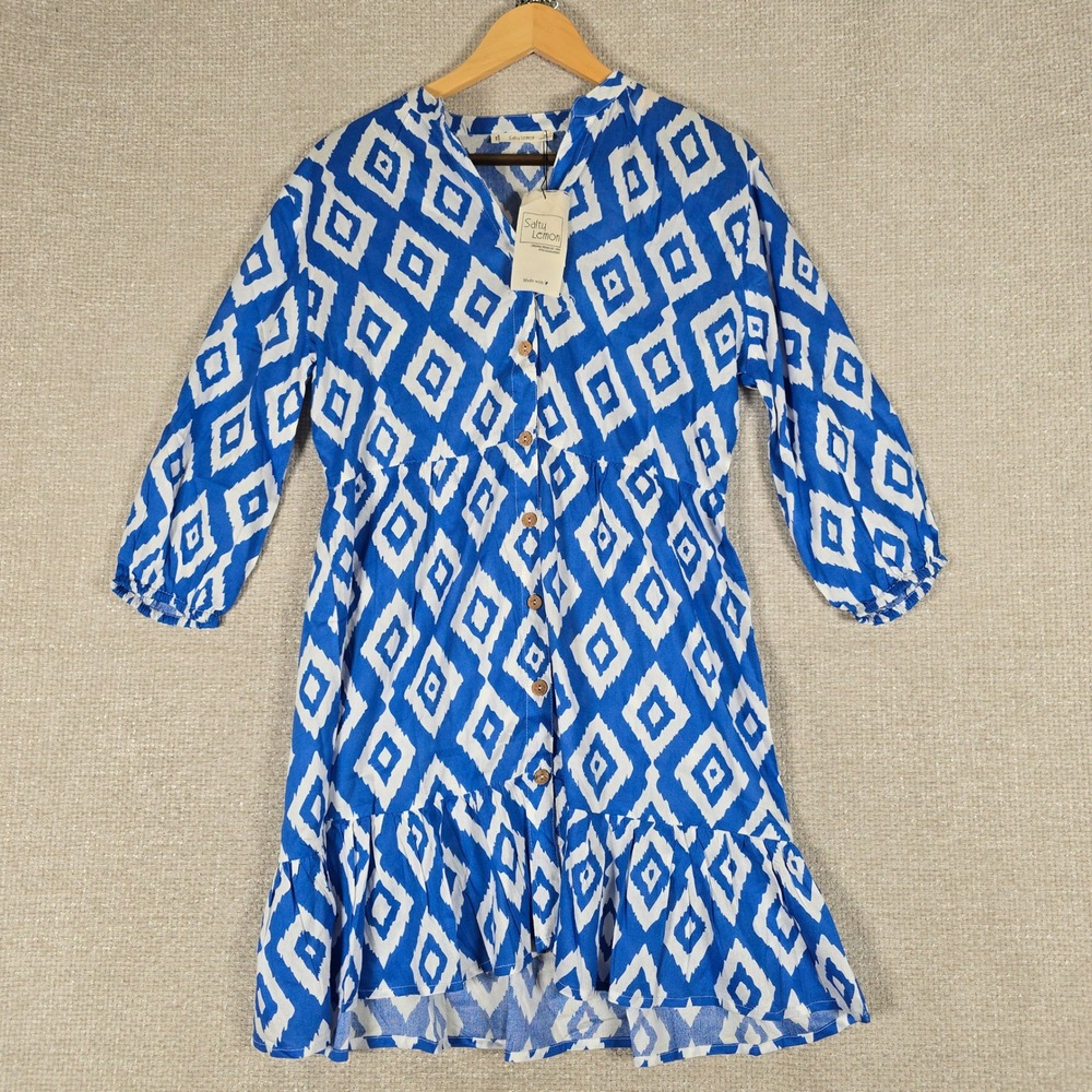Salty Lemon Womens Blue Ikat Diamond Button Front Ruffle Mini Dress LSD5168 S